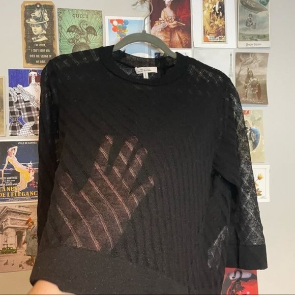 DOROTHEE SCHUMACHER SHEER STRIPED CREW NECK STEP HEM BOXY KNIT LINEN BLEND BLACK - Picture 2 of 6